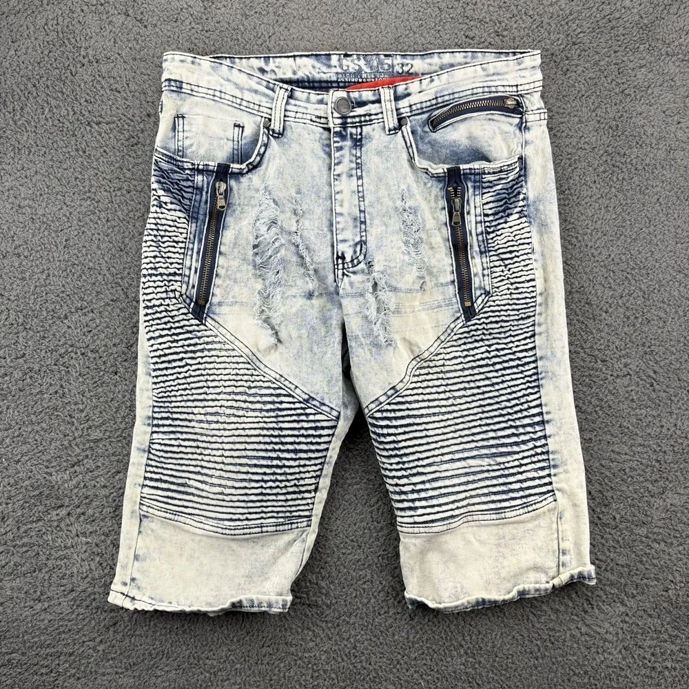 GS-115 Shorts Men 32 (32x12) Acid Washed Textured Denim Distressed Y2k Moto Jort